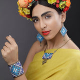 Danfi needlwork collection - hand embroidered blue necklace & earrings side view