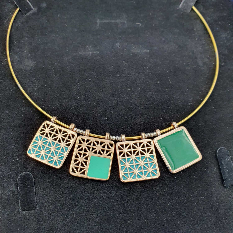 24K Gold Plated Bronze window-shaped necklace with Enamelwork (handmade) green