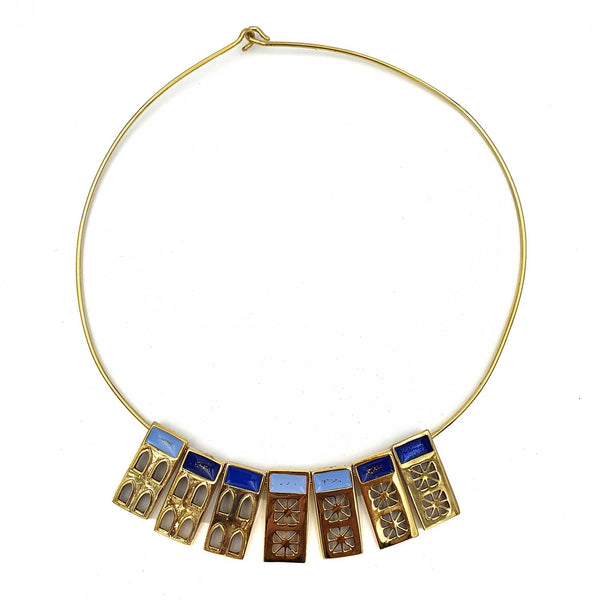 24K Gold Plated Bronze window-shaped necklace with Enamelwork (handmade) blue-front