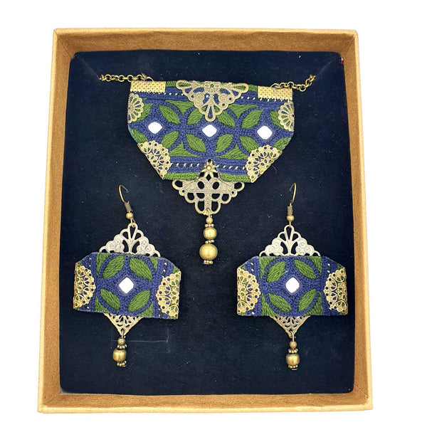 Danfi needlwork collection - hand embroidered green-blue necklace & earrings set