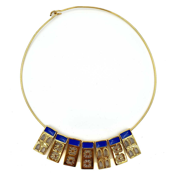 24K Gold Plated Bronze window-shaped necklace with Enamelwork (handmade) dark blue-front