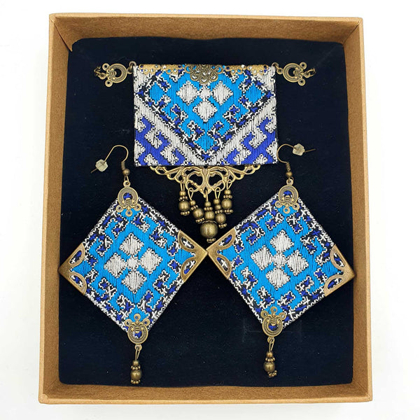 Danfi needlwork collection - hand embroidered blue necklace & earrings set