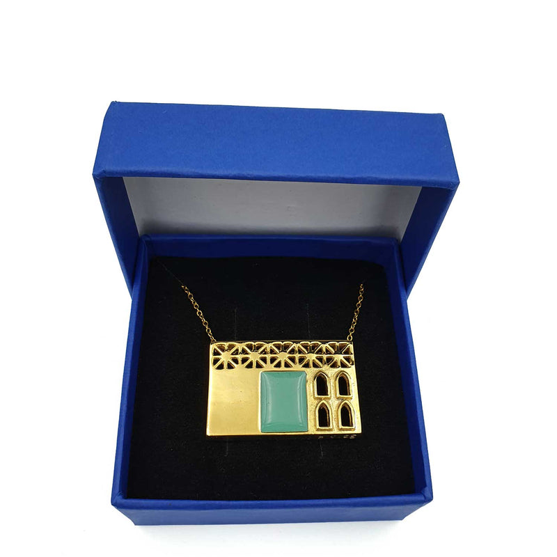 24K Gold Plated Bronze window-shaped necklace with Enamelwork (handmade) turquoise