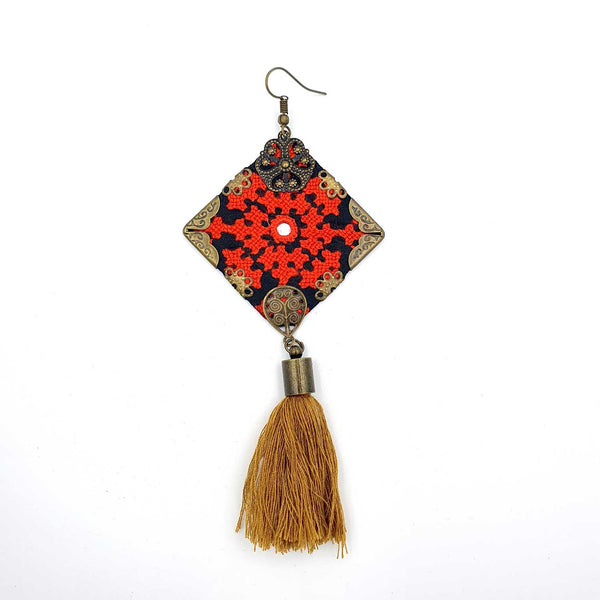 Danfi needlwork collection - hand embroidered diamond shaped tasselled earrings front