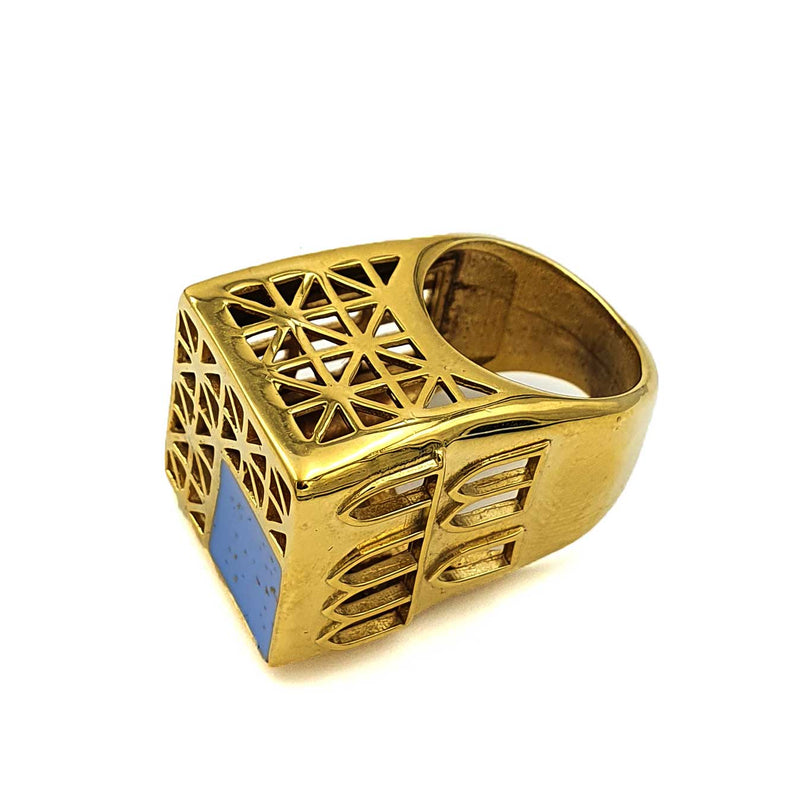 24K Gold Plated Bronze asymmetrical window-shaped ring with Enamelwork (handmade) blue-side