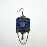 Danfi needlwork collection - hand embroidered square shaped blue earrings front