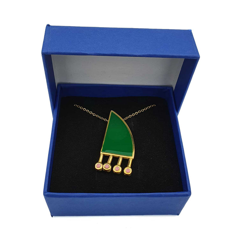 24K Gold Plated Bronze comb-shaped necklace with Enamelwork (handmade) green