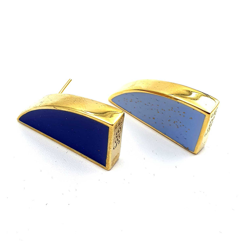 24K Gold Plated Bronze asymmetrical earrings with Enamelwork (handmade) blue -side