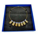 24K Gold Plated Bronze window-shaped necklace with Enamelwork (handmade) dark blue-front-box