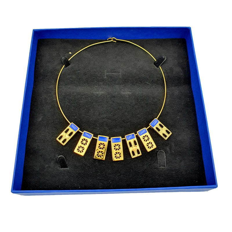 24K Gold Plated Bronze window-shaped necklace with Enamelwork (handmade) dark blue-front-box