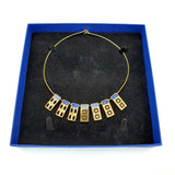 24K Gold Plated Bronze window-shaped necklace with Enamelwork (handmade) blue-box front