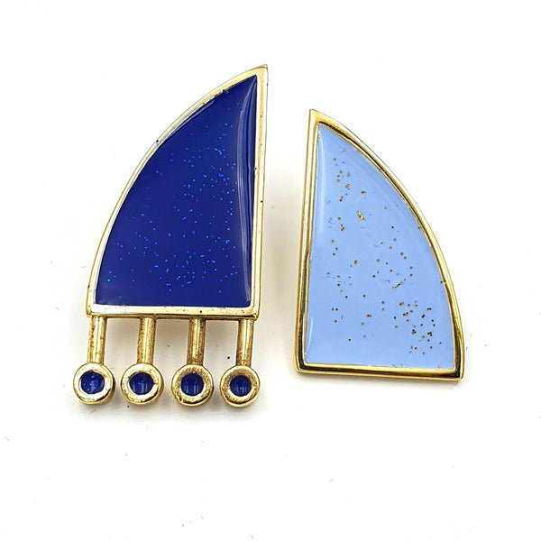 24K Gold Plated Bronze asymmetrical earrings with Enamelwork (handmade) light&dark blue -front