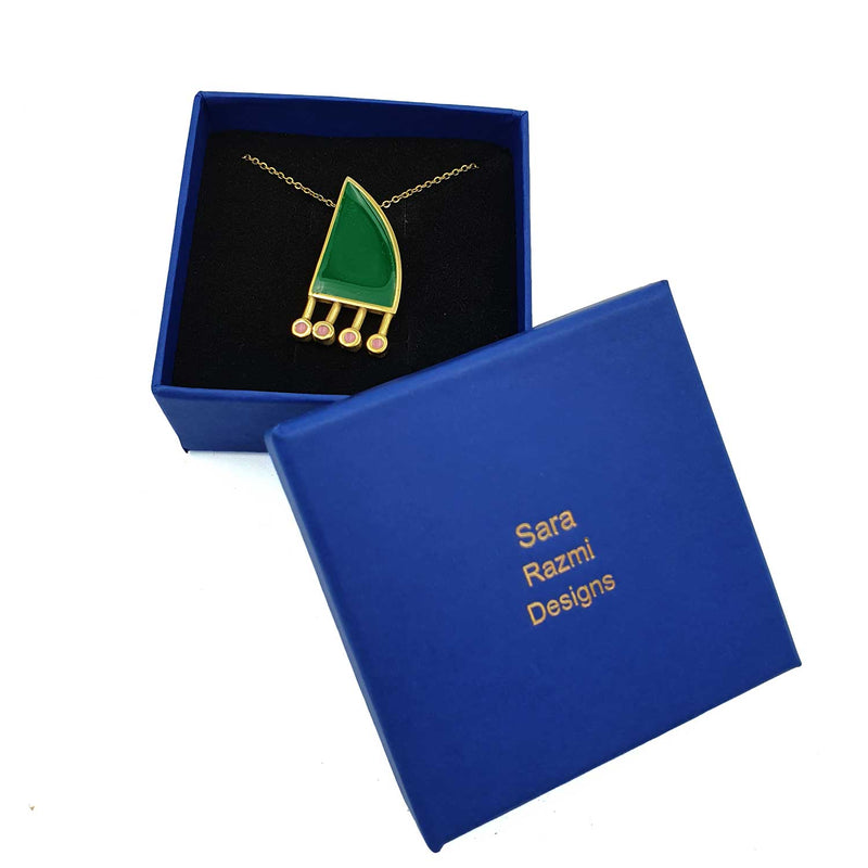 24K Gold Plated Bronze comb-shaped necklace with Enamelwork (handmade) green- box