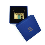 24K Gold Plated Bronze window-shaped necklace with Enamelwork (handmade) turquoise- box