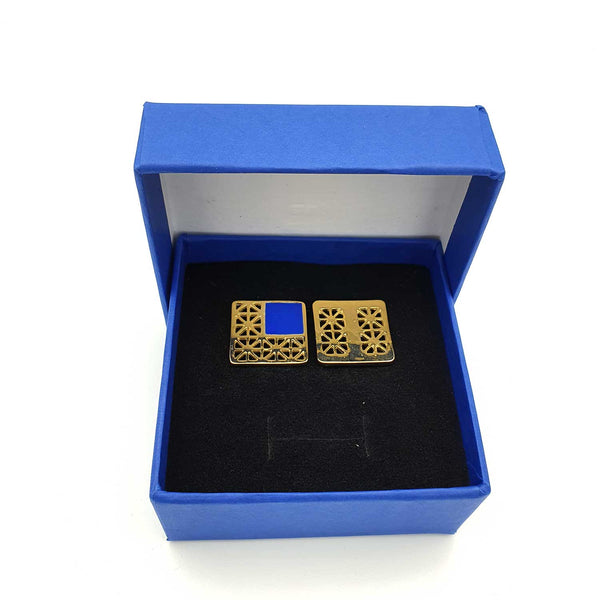 24K Gold Plated Bronze window-shaped earrings with Enamelwork (handmade) blue- box