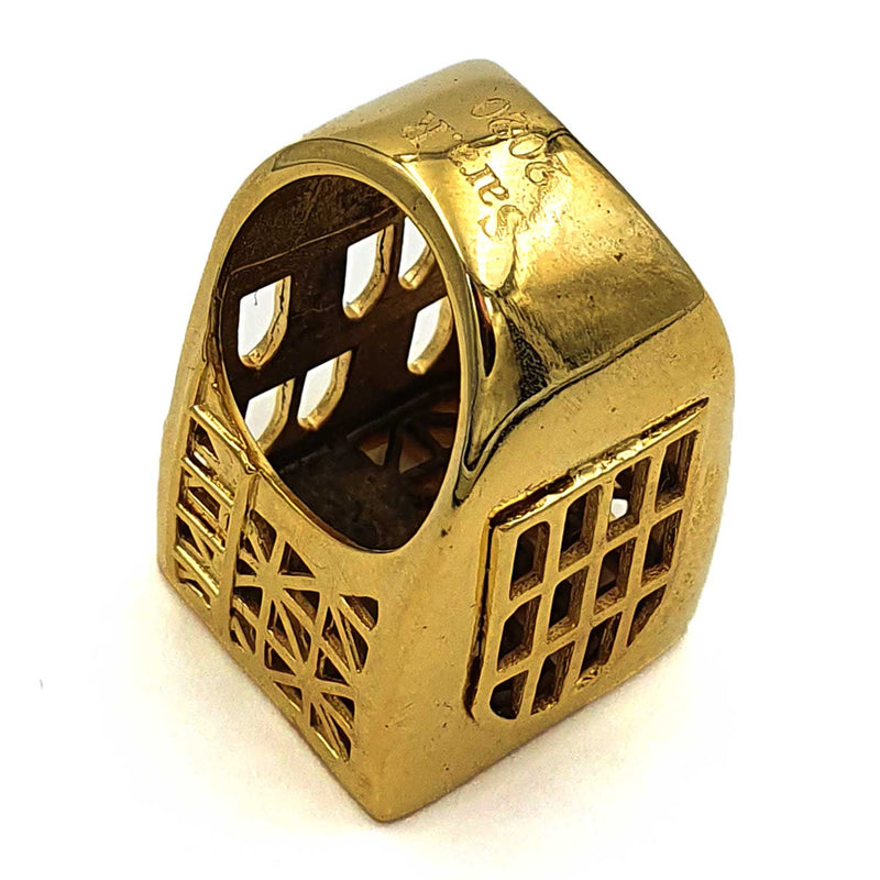 24K Gold Plated Bronze asymmetrical window-shaped ring with Enamelwork (handmade) blue-back