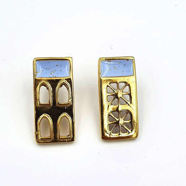 24K Gold Plated Bronze window-shaped earrings with Enamelwork (handmade) 