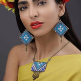 Danfi needlwork collection - hand embroidered blue necklace & earrings