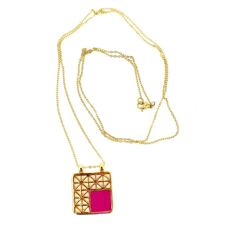 24K Gold Plated Bronze window-shaped necklace with Enamelwork (handmade) -pink front