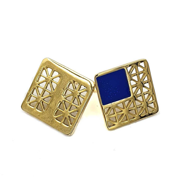 24K Gold Plated Bronze window-shaped earrings with Enamelwork (handmade) blue