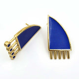 24K Gold Plated Bronze asymmetrical earrings with Enamelwork (handmade) blue- front 2