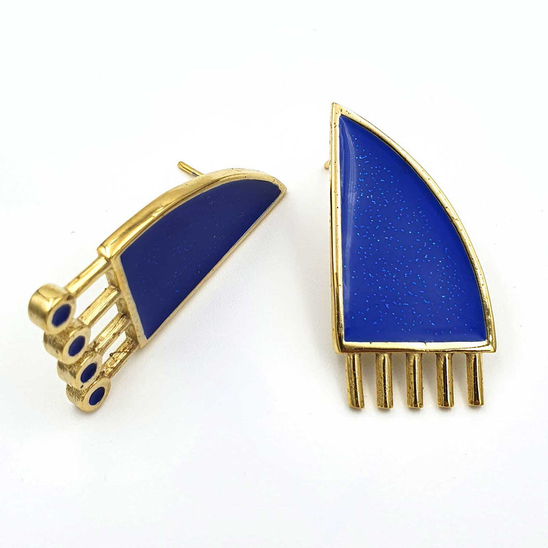 24K Gold Plated Bronze asymmetrical earrings with Enamelwork (handmade) blue- front 2