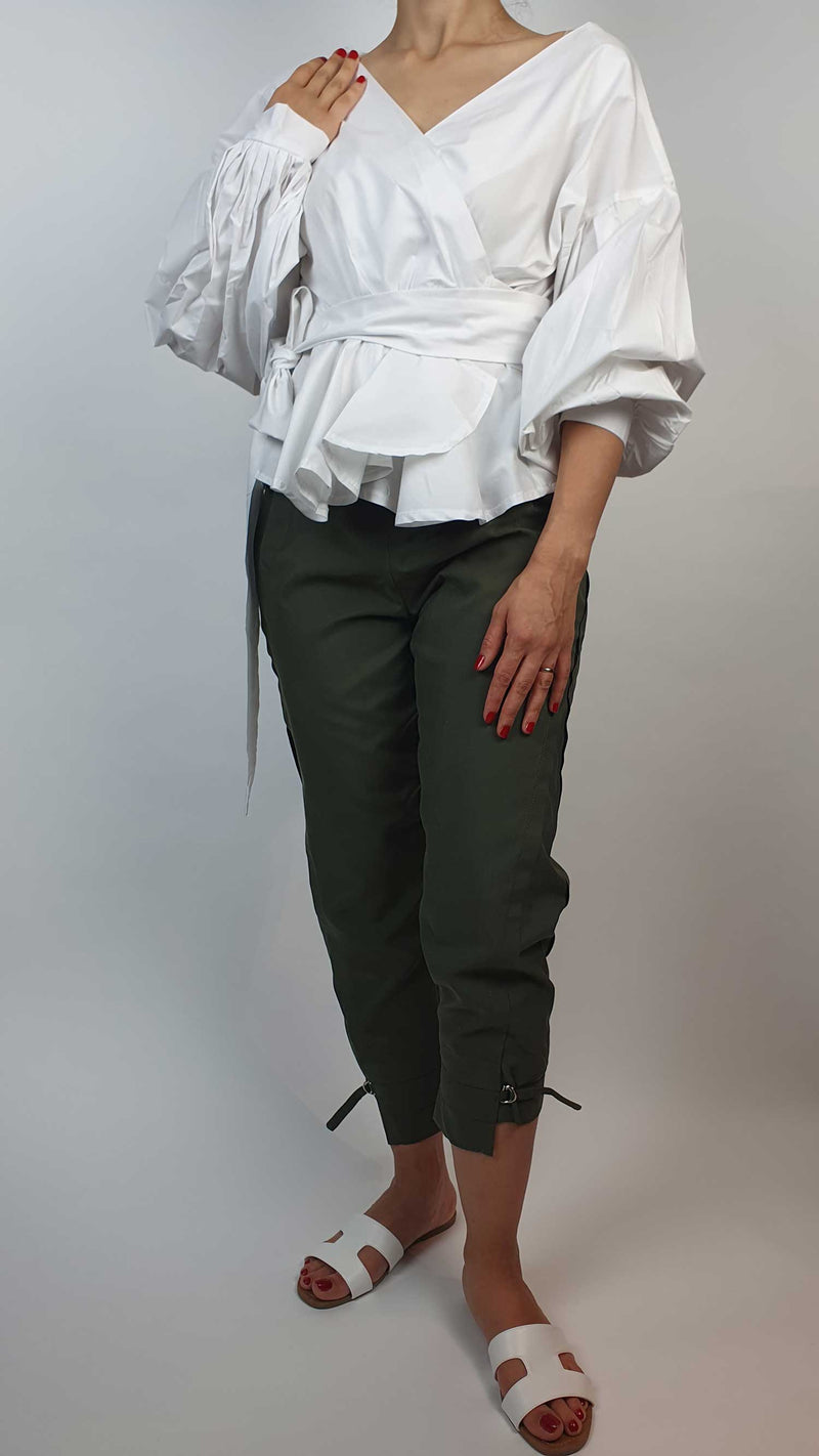 Danfi white V-neck top with green trousers set