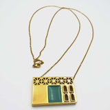 24K Gold Plated Bronze window-shaped necklace with Enamelwork (handmade) turquoise- front