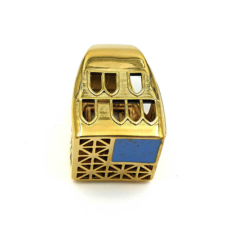 24K Gold Plated Bronze asymmetrical window-shaped ring with Enamelwork (handmade) blue-front