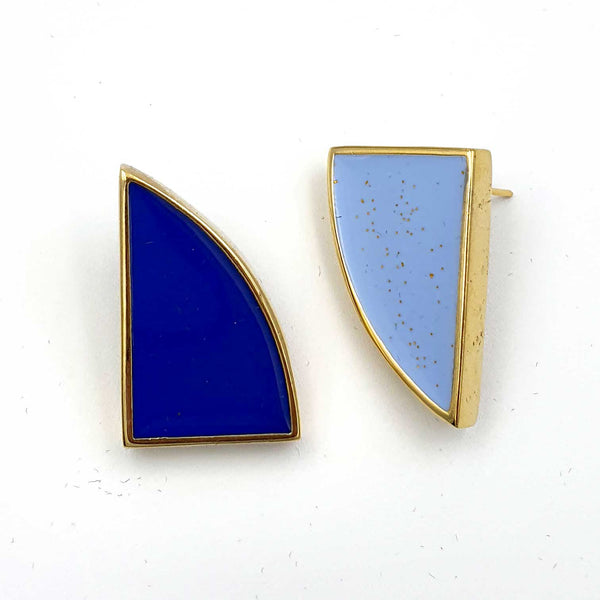 24K Gold Plated Bronze asymmetrical earrings with Enamelwork (handmade) blue