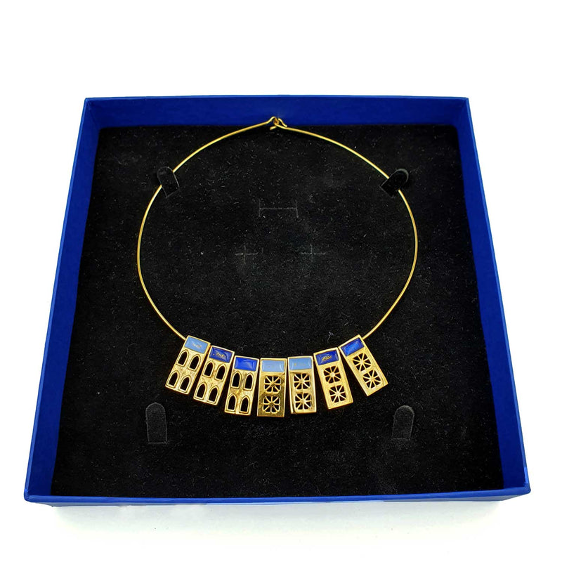 24K Gold Plated Bronze window-shaped necklace with Enamelwork (handmade) blue-front 2