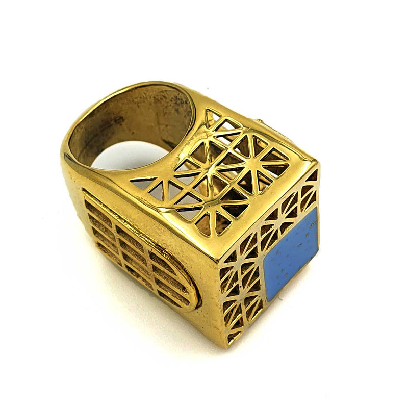 24K Gold Plated Bronze asymmetrical window-shaped ring with Enamelwork (handmade) blue