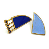 24K Gold Plated Bronze asymmetrical earrings with Enamelwork (handmade) light&dark blue