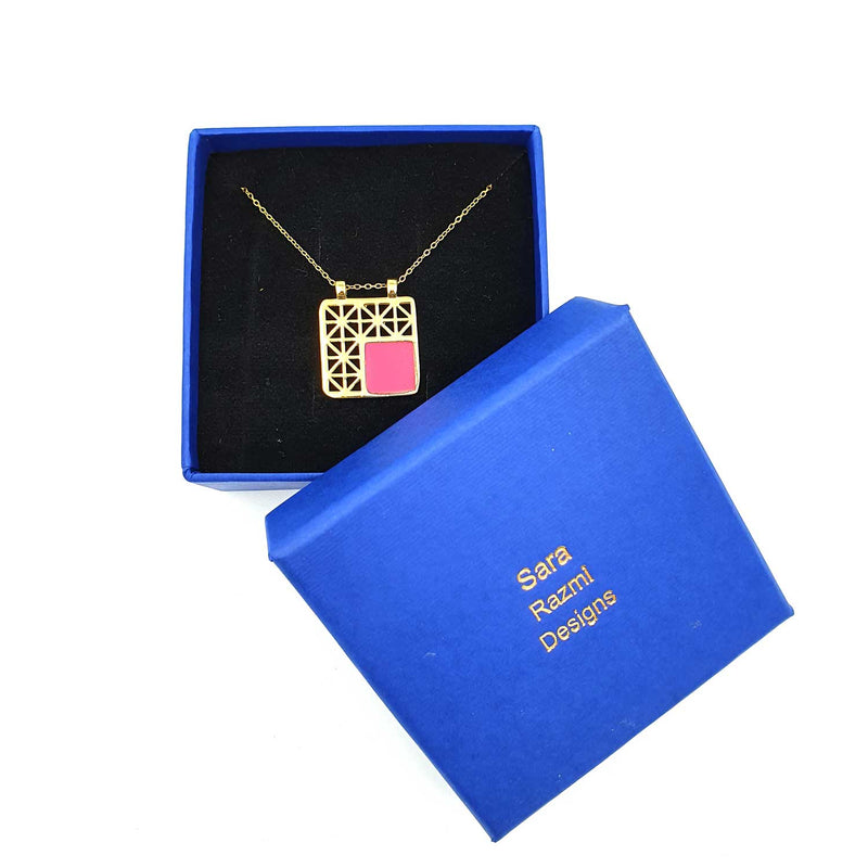 24K Gold Plated Bronze window-shaped necklace with Enamelwork (handmade) pink-box