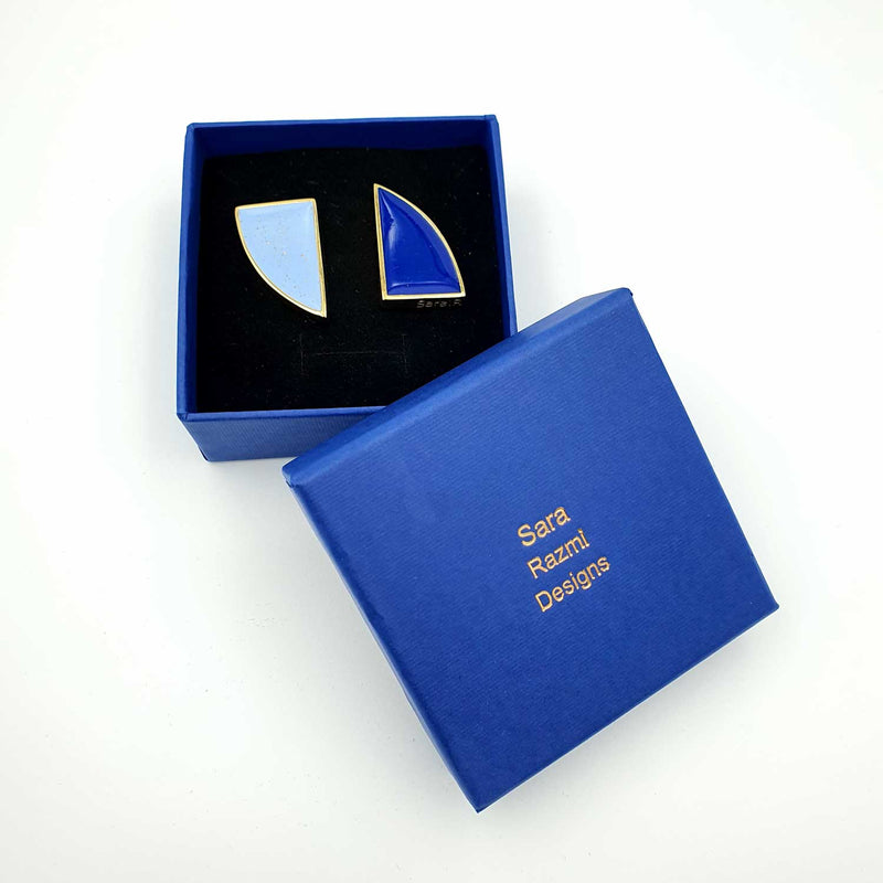 24K Gold Plated Bronze asymmetrical earrings with Enamelwork (handmade) blue - box 2