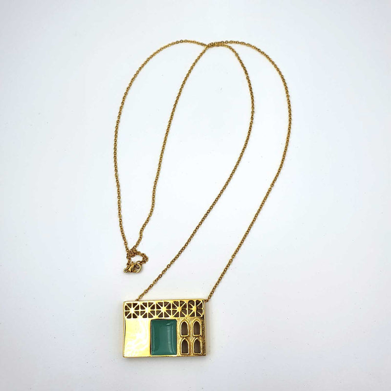 24K Gold Plated Bronze window-shaped necklace with Enamelwork (handmade) turquoise-front 2