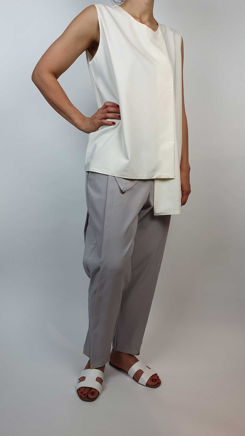 Danfi white top with grey tapered trousers