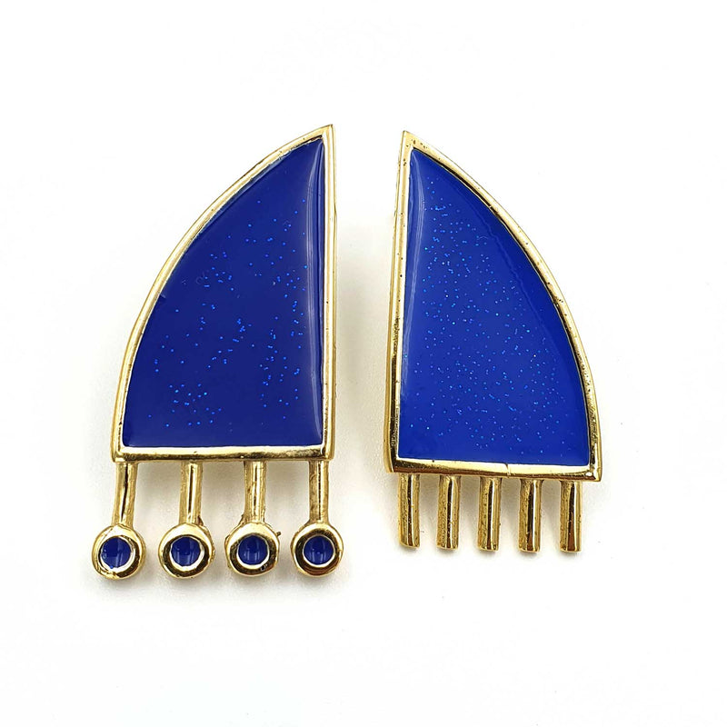 24K Gold Plated Bronze asymmetrical earrings with Enamelwork (handmade) blue- front