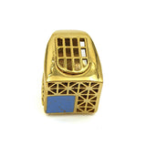 24K Gold Plated Bronze asymmetrical window-shaped ring with Enamelwork (handmade) blue-top