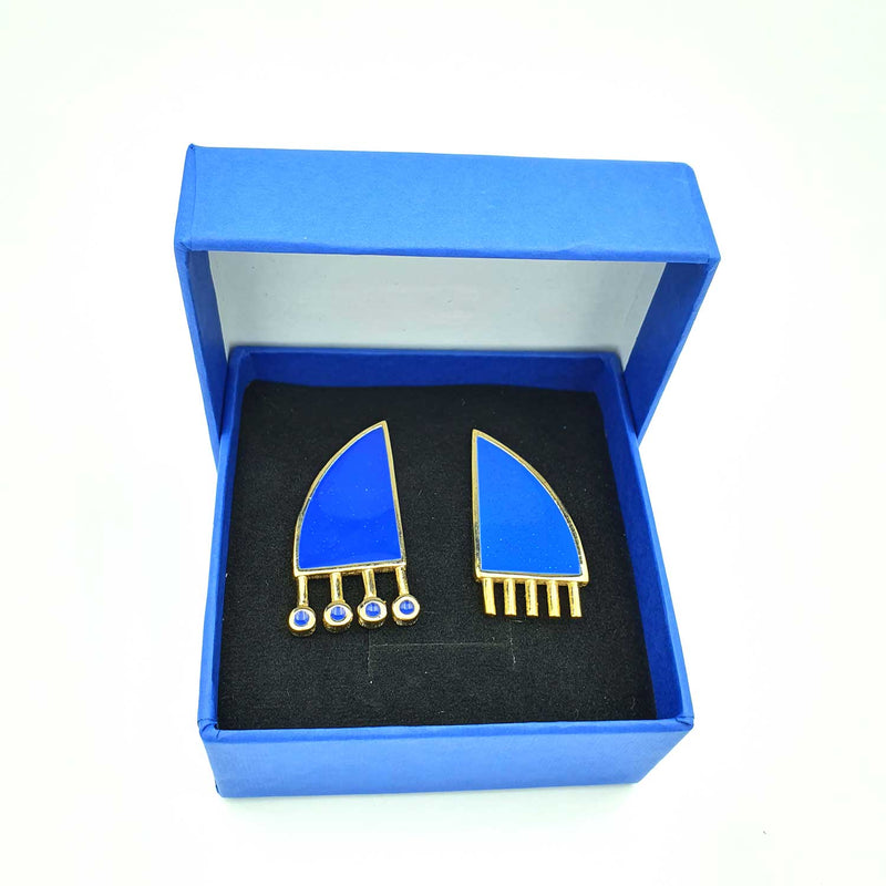 24K Gold Plated Bronze asymmetrical earrings with Enamelwork (handmade) blue- box