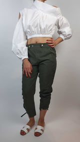 Danfi white crop top with green trousers