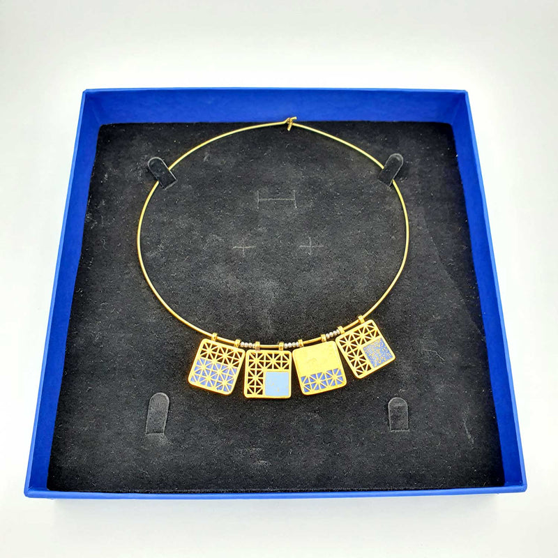 24K Gold Plated Bronze window-shaped necklace with Enamelwork (handmade) blue- box