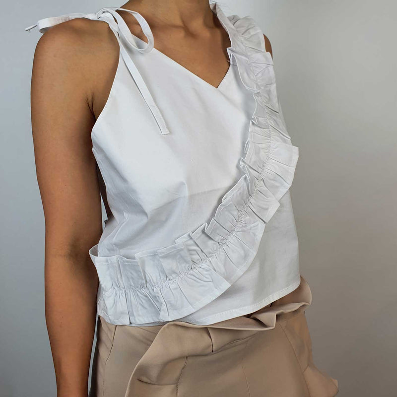 Danfi white V-neck asymmetrical top side 2