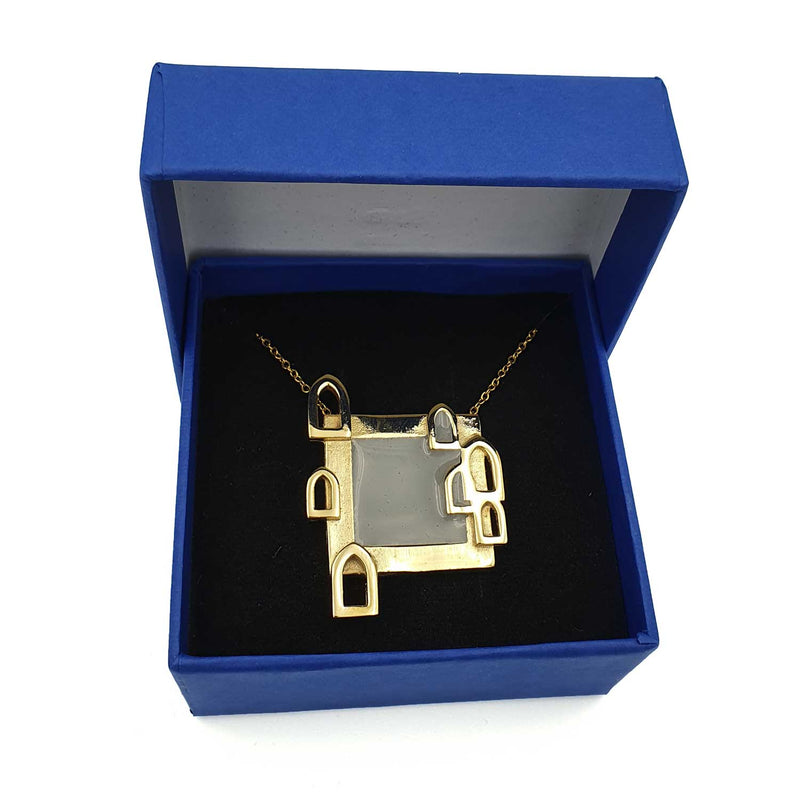 24K Gold Plated Bronze window-shaped necklace with Enamelwork (handmade) grey-box