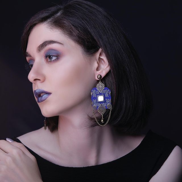 Danfi needlwork collection - hand embroidered square shaped blue earrings