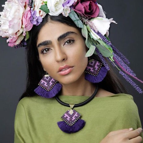 Danfi needlwork collection - hand embroidered purple necklace & earrings front view