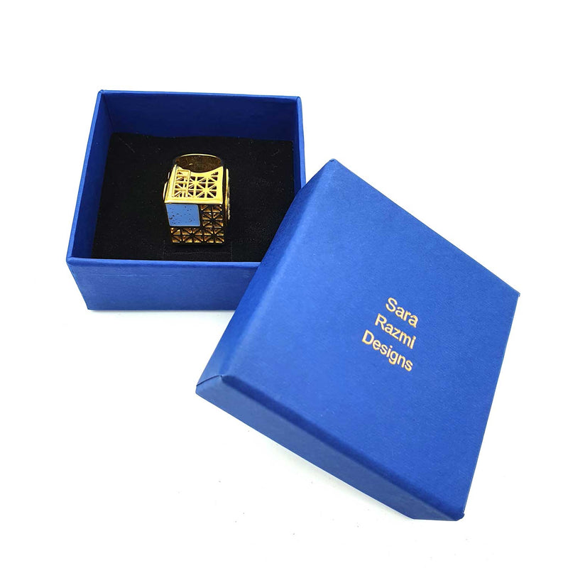 24K Gold Plated Bronze asymmetrical window-shaped ring with Enamelwork (handmade) blue- box 3