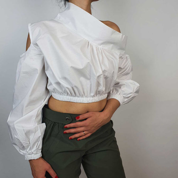 Danfi white cowl neck crop top front