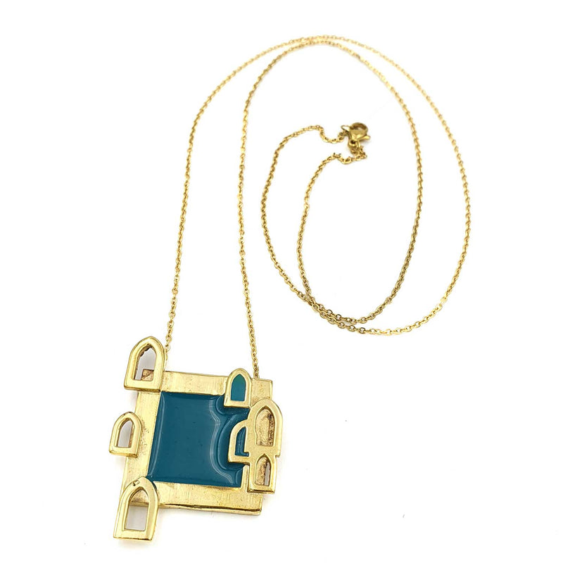 24K Gold Plated Bronze window-shaped necklace with Enamelwork (handmade) turquoise