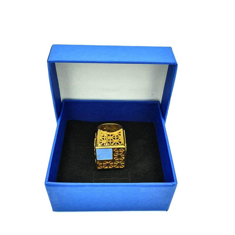 24K Gold Plated Bronze asymmetrical window-shaped ring with Enamelwork (handmade) blue-box 2